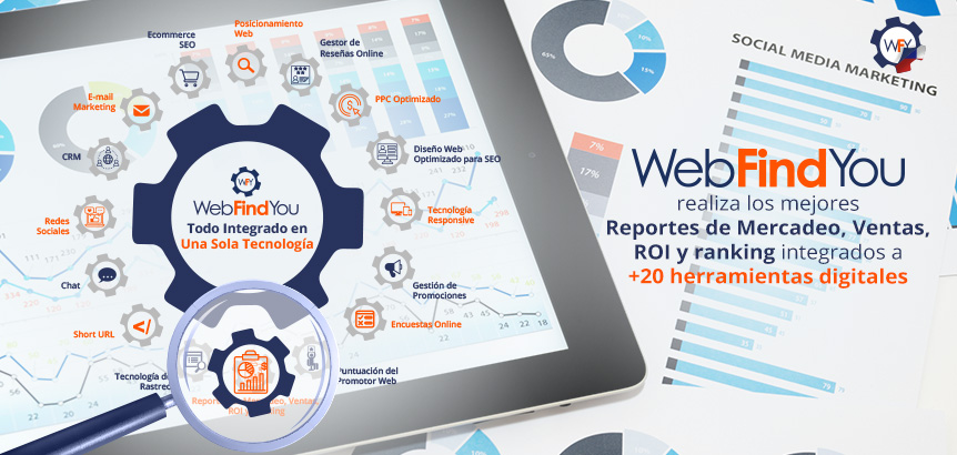 Ejecuta Todos los Componentes Integrados de WebFindYou Incluyendo Reportes de Mercadeo, Ventas, ROI y Ranking WebFindYou Realiza los Mejores Reportes de Mercadeo, Ventas, ROI y Ranking Integrados en una Tecnología